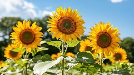 Obraz premium A vibrant field of sunflowers under a bright blue sky.