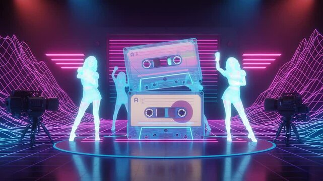 Neon-lit stage w/cassettes, cameras, and holographic dancers
