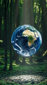 World in Harmony: A captivating visual of our planet levitating mid-air, set against a mystical forest backdrop, symbolizing the delicate balance of the environment and the beauty of global unity.
