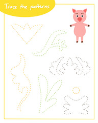 Trace the patterns with pig. Connect the lines. Hand Trainer. Recipe for children.