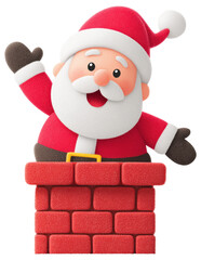Fototapeta premium Santa Claus joyfully waving from a chimney isolated on transparent background.