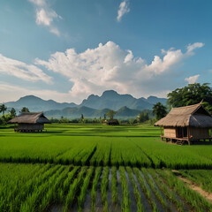 Tranquil Rice Field Landscape: Sunlit rice paddies stretch towards a mountain backdrop, with rustic huts adding a touch of rural charm.