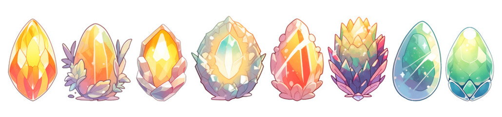 Set of 8 fantasy crystal eggs in watercolor illustration style, isolated on a transparent background. Yellow and green color tones.