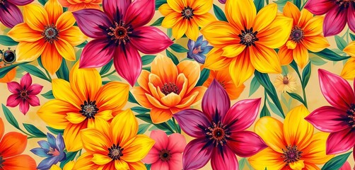 Vibrant gouache floral pattern, abstract blooms in bright hues,  textile,  abstract pattern