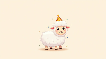 Cartoon sheep wearing party hat on light background with sparkles and soft pastel color scheme overall