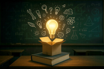 Bright idea emerging from open box on books