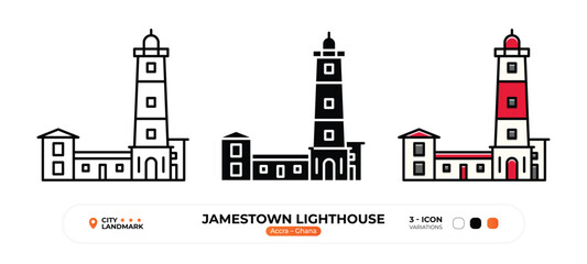 Jamestown Lighthouse Line Icon. Accra, Ghana, Landmark, Silhouette, Color Vector, Editable Stroke.