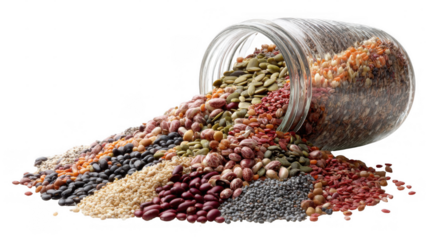 Overflowing glass jar filled with a vibrant assortment of nutritious seeds and grains, creating an eye catching display against a transparent background