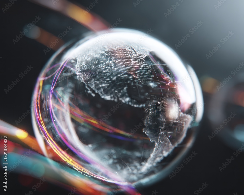 Poster digital globe of the earth with colorful lines and data points