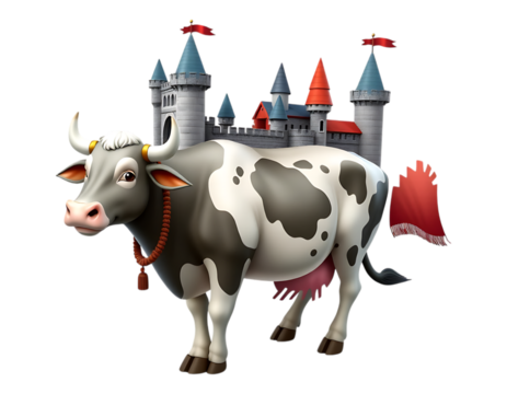 A whimsical cow with a castle on its back, a surreal and fantastical illustration - Powered by Adobe