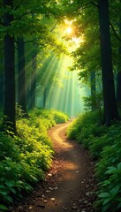 A winding, sun-dappled path leads through a lush forest, suggesting a journey of discovery and heritage, evoking a sense of legacy and family connection , woods, destination