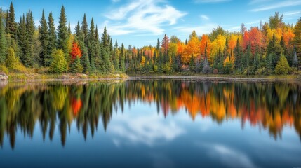 Obraz premium A serene lake surrounded by vibrant autumn foliage reflecting in the water.