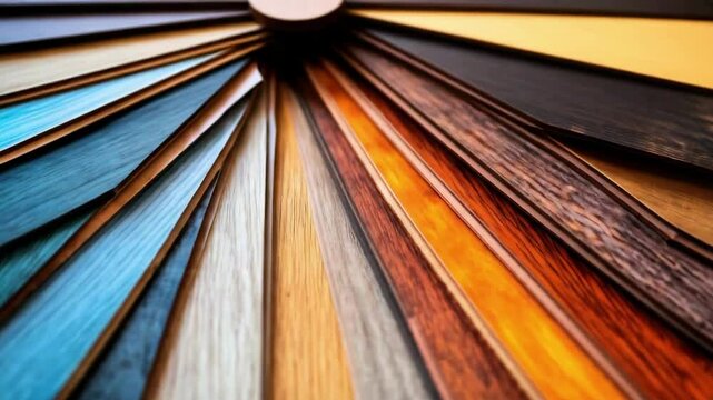 Assorted colorful wooden flooring samples displayed in a semi-circle