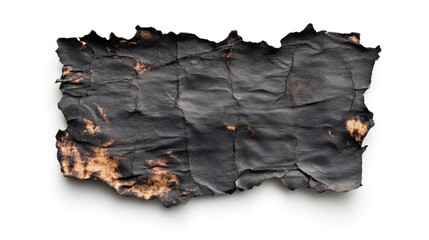 Burned and charred paper scrap, parchment isolated on white background