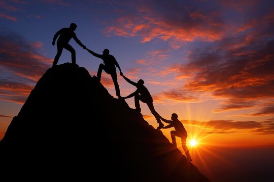 Teamwork helping hands climbing mountain sunset