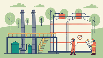 Fototapeta premium Illustration of industrial plant with storage tanks, smokestacks, and workers in safety gear on a green field