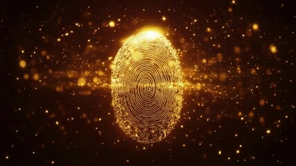 Golden fingerprint on red background with golden cubes. Biometric identification technology for security system, personal data security and private access concept. - Powered by Adobe