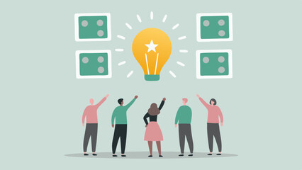 Group of people looking at lightbulb and dice squares with arms raised in a light blue background