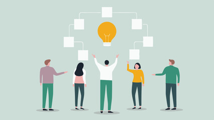 Group of people standing under a lightbulb with flowchart boxes above them in a light green background
