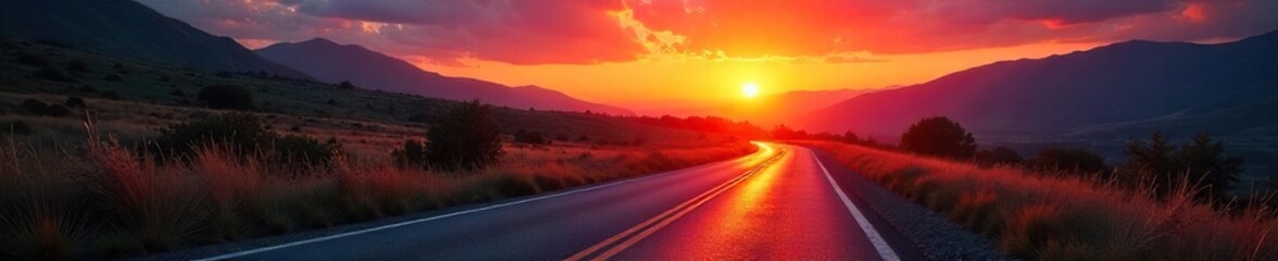 Fototapeta premium A winding road disappearing into a vibrant sunset, symbolizing the exciting possibilities and unknown adventures that lie ahead on life's journey , opportunity, nature