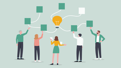 Team collaborating around a central lightbulb idea with connected green and white boxes above them