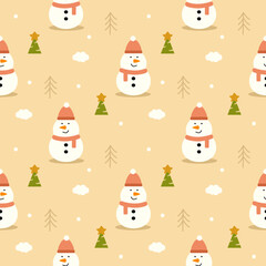Snowman cartoon so cute. On tree star cloud snow yellow background. Pattern seamless vector illustration. 