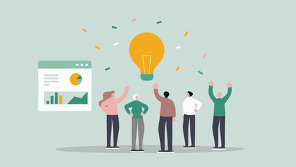 Team celebrating a bright idea with data visualization and confetti in a light background scene