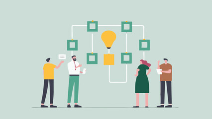 People collaborating on a flowchart with a lightbulb at the center representing a new idea or solution