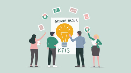 Team presenting growth hacks and kpis with lightbulb and floating icons on a pale green background