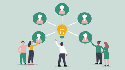 People connected to a central idea represented by a lightbulb in a network diagram setting