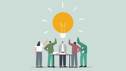 Group of people celebrating under a bright light bulb in a meeting room setting idea generation