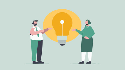 Two people standing facing each other with a large light bulb between them on a light blue background