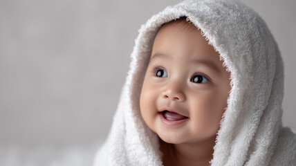 Obraz premium タオルに包まれた日本人赤ちゃんの笑顔