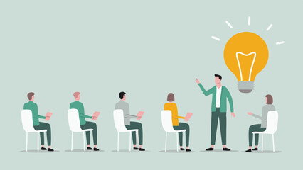 Presentation with a speaker and an audience under a light bulb representing a new idea or innovation