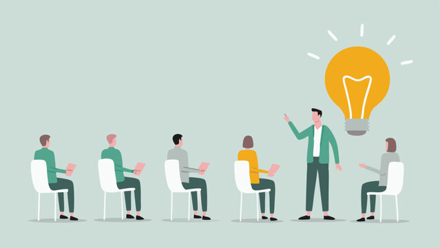 Presentation with a speaker and an audience under a light bulb representing a new idea or innovation