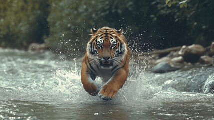 Amur tiger walking in river water. Danger animal, tajga, Russia. Animal in green forest stream.