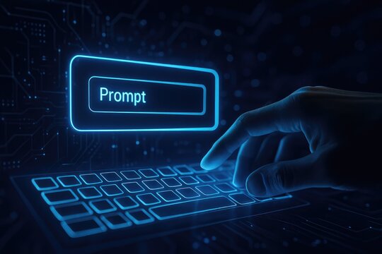 Hand typing prompt on futuristic keyboard interface