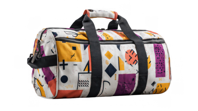 Stylish retro gym bag showcasing a contemporary graphic design with geometric shapes and vibrant colors, isolated on transparent background, perfect for fitness enthusiasts and modern lifestyles