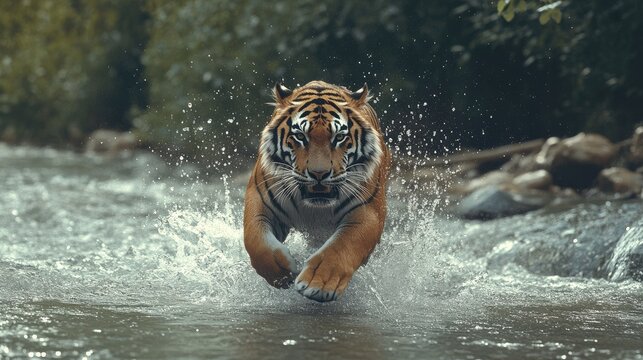 Amur tiger walking in river water. Danger animal, tajga, Russia. Animal in green forest stream.