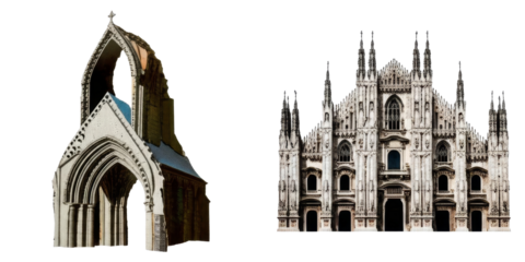 PNG Two distinct European architectural structures form a collage.