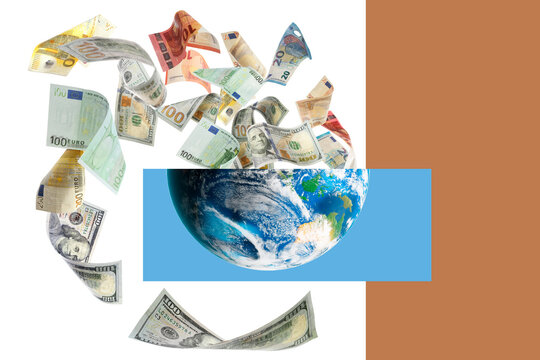 Money exchange concept. Banknotes flying out from Earth planet on color background - Powered by Adobe