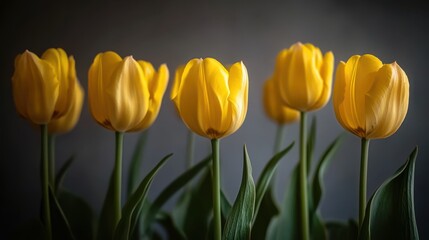 Obraz premium A group of vibrant yellow tulips against a dark background.