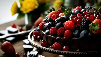 Elegant chocolate cake decorated with fresh berries and glazed topping on a rustic dessert table, enhanced by dark moody lighting - Powered by Adobe