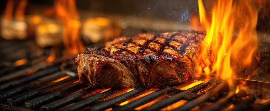 The sizzling steak grilling with flames over charcoal in a barbecue setting