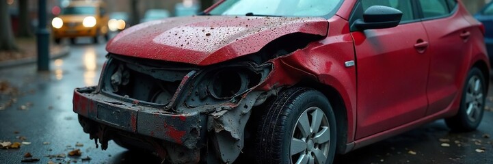 A close-up shot of a severely damaged car after a fatal accident, highlighting the extent of the destruction and emphasizing the potential for deadly injury , asphalt, injury, broken glass