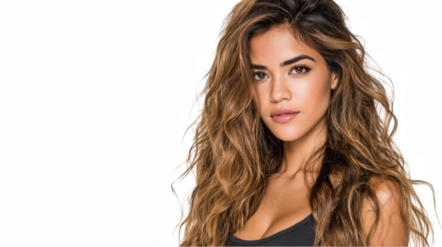Studio shot featuring a beautiful latina model with long, wavy, bronze toned hair, dressed in a simple black outfit against a transparent background, perfect for fashion and beauty projects