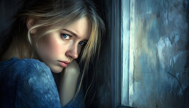 Pensive young woman gazing out a window.