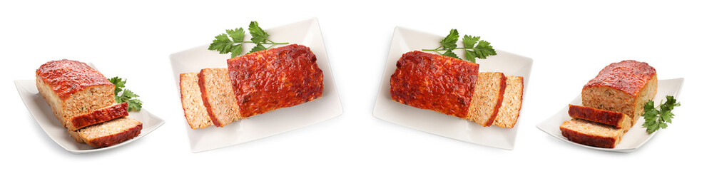 Delicious baked meatloaf isolated on white, set. Top and side view