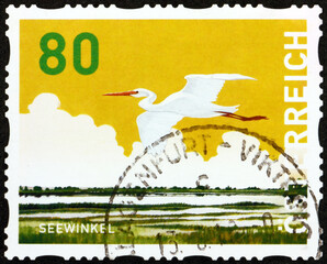 Postage stamp Austria 2018 stork over Seewinkel, Burgenland