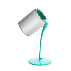 Turquoise paint pouring out of can on white background